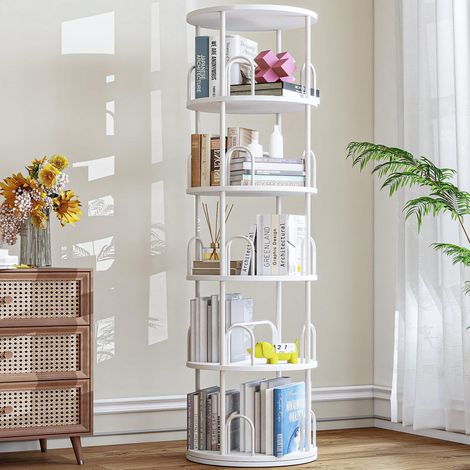 Bibliothèque rotative à 5 niveaux en bois, étagère d'angle fine en métal pour jouets - Étagère de rangement de chambre à coucher, salon, bureau, cuisine - Blanc (1/5)