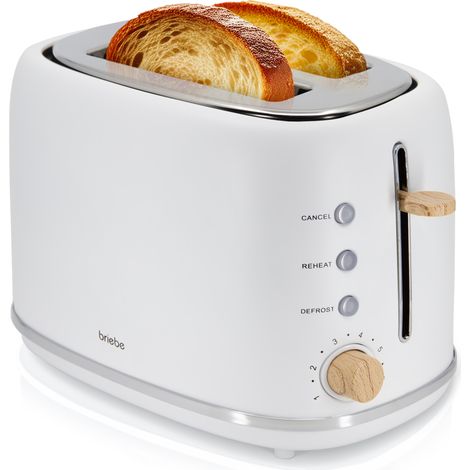 Briebe TA1166WHT Nordic Tostadora Pan Ranura Ancha, Tostador 2 Rebanadas, 6 Niveles Tostado, Calientapanecillos 870W Blanco
