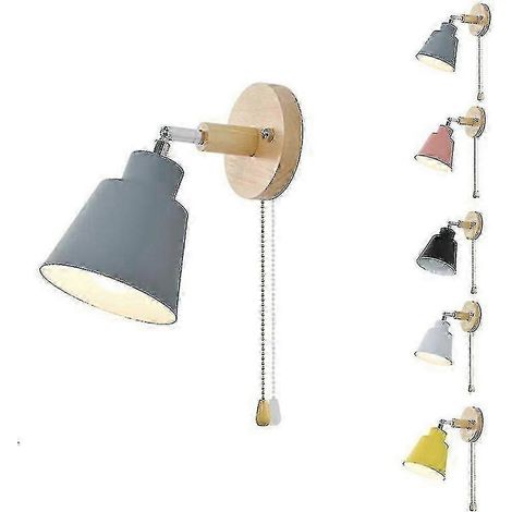 Lampe de chevet en bois de style nordique avec fermeture éclair peut servir d’applique murale de chevet ou d’applique de couloir. Grise. (1/5)