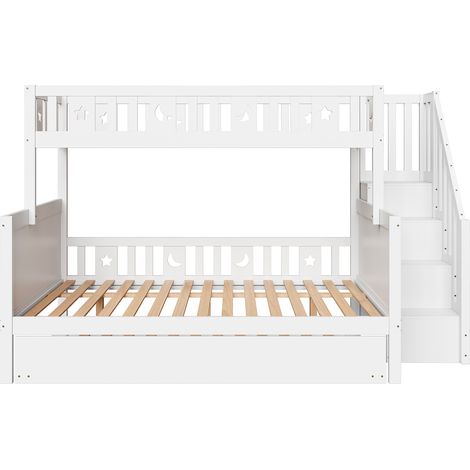 Lit superposé en bois massif 90x200 et 140x200 avec lit gigogne et escalier de rangement, sommier à lattes inclus, Blanc (1/5)