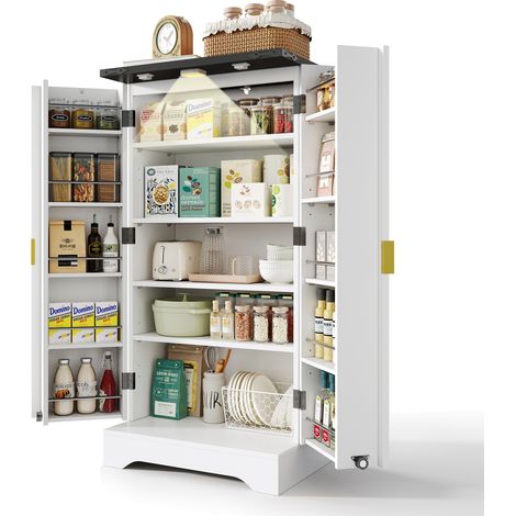 Küchenhochschrank mit 2 Türen, 2 Verstellbaren Einlegeböden, Türablagen und LED, aus MDF, Weiß, 60,5×40×120 cm (1/5)