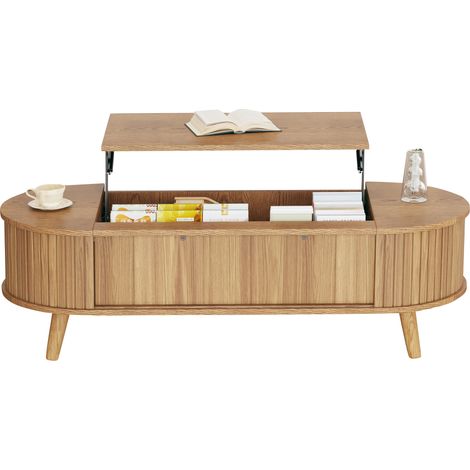 Table basse relevable 120 x 50 x 39,5 cm avec rangement caché, plateau réglable à 53,5 cm, 5 espaces de rangement et finition bois naturel - CHICFURN (1/5)