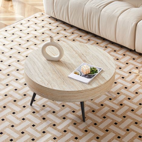 Runder Couchtisch 70x70x35,5 cm, schwarz/heller Travertin, verstellbare Füße, MDF, Metall (1/5)
