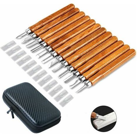 Kit d'outils de sculpture sur bois 12 pièces - Ciseaux à découper professionnels Manche de couteau Sculpture Expert menuisier Débutants avec housses de protection (1/5)