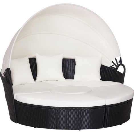 Ensemble de 4 canapés de jardin circulaires, mobilier modulable en rotin noir, auvent et coussins beiges, 180 x 175 x 147 cm