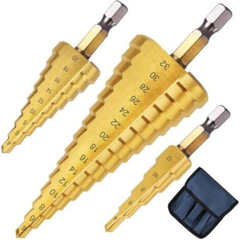 Osqi – Set de 3 forets étagés HSS titane 4-12/20/32mm – Tige hexagonale 1/4' – Pour perçage métal, bois, aluminium, plastique (1/4)