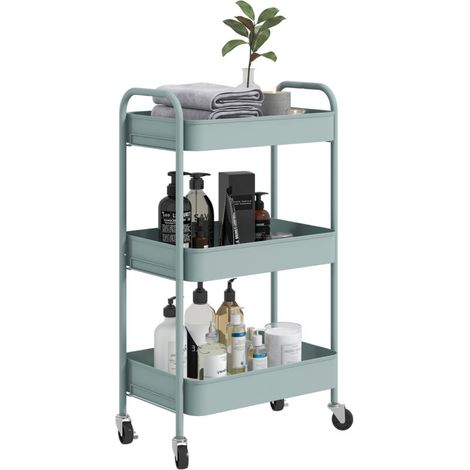 Desserte chariot de rangement en acier chariot de service à roulettes 3 plateaux ajourés 45 x 30.6 x 79 cm bleu clair