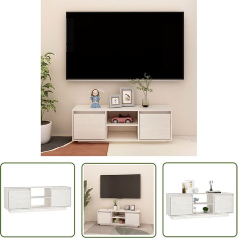 The Living Store Meuble TV Blanc 110x30x40 cm Bois de pin massif - Meuble Tv - Meuble Audio - Bibliothèque Murale - Rangement Intérieur - Design Scandinave (1/5)