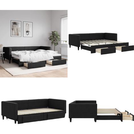 Tagesbett Ausziehbar mit Schubladen Schwarz 90x190 cm Stoff - Schlafsofa - Doppelbett (1/5)