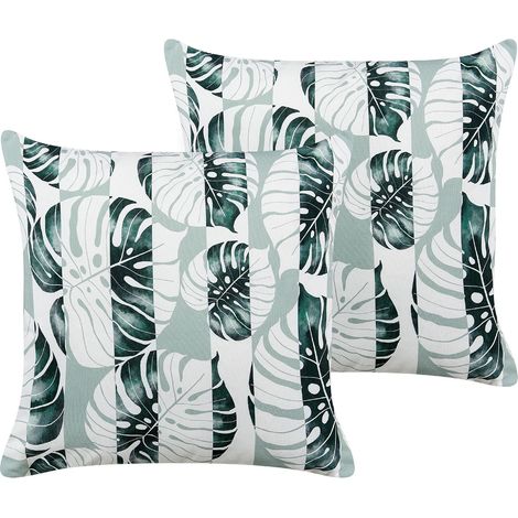Set di 2 cuscini da giardino in tessuto di poliestere verde con motivo a strisce e foglie 45 x 45 cm Termini (1/5)