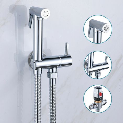 Kit WC-douche avec mitigeur thermostatique, douchette et pulvérisateur pour une hygiène intime optimale, finition laiton chromé anti-brûlure, ensemble WC-douche bidet. (1/4)