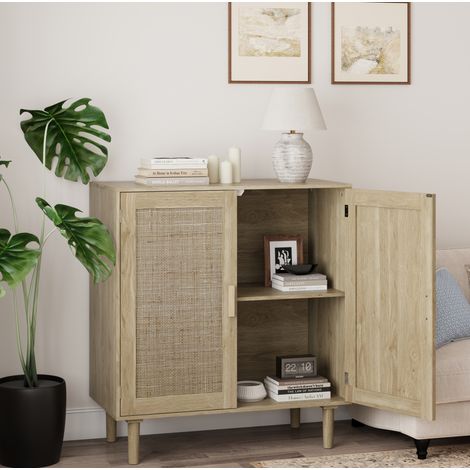 Buffet de rangement 80x40x88 cm à 2 portes avec étagères ouvertes, rotin, poignées en bois, coloris naturel (1/5)