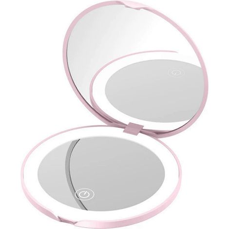 Miroir cosmétique LED de bureau - Miroir de maquillage lumineux pliable, luminosité réglable, idéal pour les chambres d'étudiants, la maison et comme accessoire de maquillage (rose) (1/3)