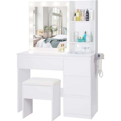 Dressing Table with LED Mirror and Stool, Makeup Table with 5 Drawers and Power Sockets, Hair Dryer Holder, Bedroom White Dressing Table (B-White 94 40 140) (1/4)