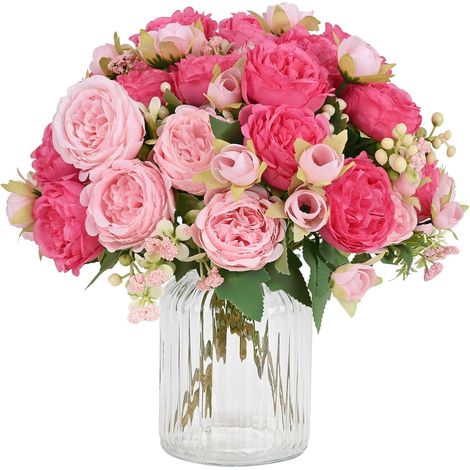 Lot de 2 bouquets de pivoines artificielles roses en soie, fleurs décoratives pour centre de table, mariage et fête à la maison (1/5)