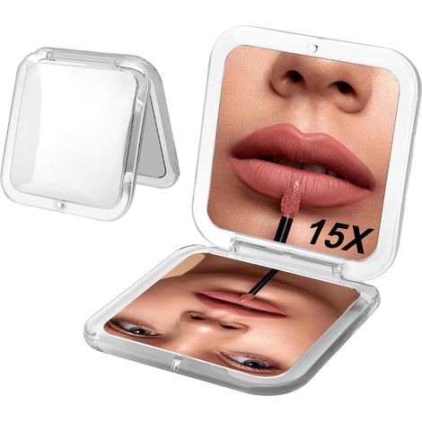 Miroir de poche grossissant 15X/1X carré de 8,5 cm, pliable et portable, pour sac à main ou voyages (blanc)