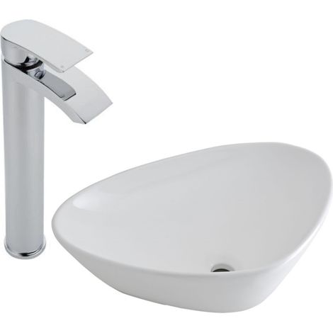 Milano Select 590mm x 390mm White Ceramic Countertop Bathroom Basin Sink - With High Rise Tap