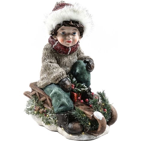 Statuetta decorativa "Carol su slitta" in ceramica con luci da 55 cm