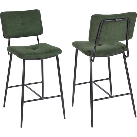 Lot de 2 Tabouret de Bar Rétro avec Dossier et Repose-Pieds, Siège Rembourrés de 69 cm de Haut, Cadre en métal, Chaises Hautes en Tissu Vert (1/5)