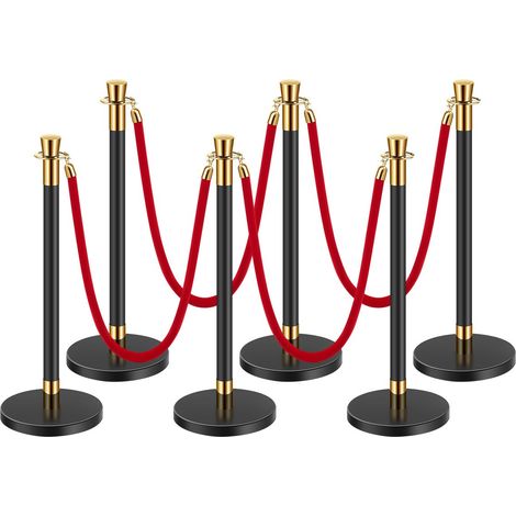 Poteau de guidage, 6 pcs, barrière de balisage pour contrôle de foules, avec base creuse, 4 cordes velours rouge et poteaux noirs en acier inoxydable, pour théâtre, mariage, fournitures de fête (1/5)