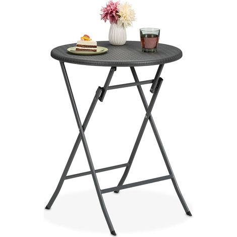 Relaxdays Garden Table, Foldable, HWD: 75 x 60 x 60 cm, Rattan Look, Plastic & Steel, Outdoor, Round, for Balcony, Grey