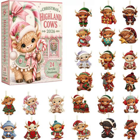 Highland Adventskalender-Geschenkbox 2026 – 24 flache 2D-Acryl-Weihnachtsornamente – Rosa Landhausstil mit Kühen und Weihnachtsmotiven (1/5)