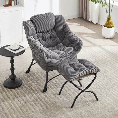 Fauteuil lounge avec repose-pieds, fauteuil de lecture moderne avec accoudoirs et poche latérale, compact, gris