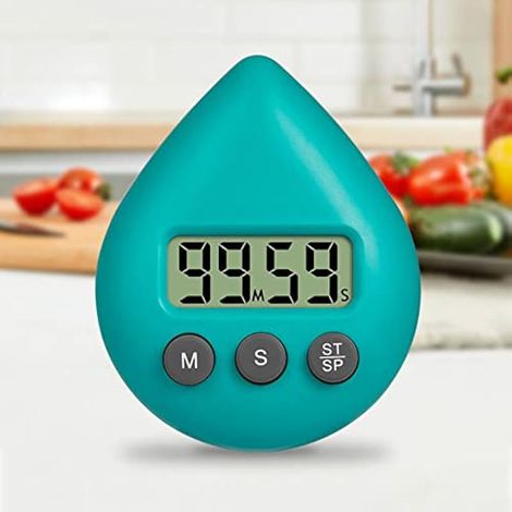 Minuteur de cuisine numérique étanche, 5 couleurs, en forme de goutte d'eau, à économie d'énergie, avec ventouse, pour cuisine, douche, salle de bain, salle de sport ou salle de classe. (1/3)