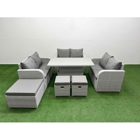 Fimous 9 Seater PE Wicker Rattan Furniture Sofa Sets with Adjustable Lifting Dining or Coffee Table 2 Seater Love Sofa 3 Stool Light Grey (1/5)