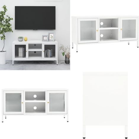Mueble para el televisor acero y vidrio blanco 105x35x52 cm - Estante de TV - Mueble de acero