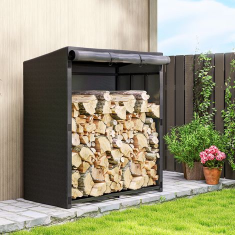 Leñero Exterior Metálico de Chimenea Soporte para Leña con Cubierta Impermeable Carga 300 kg 140x70x154 cm Negro (1/5)