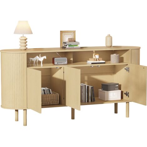 Buffet bas 160 cm avec 3 portes ondulées et 2 niches ouvertes, structure en panneau de particules, pieds en bois, pour salon et salle à manger  CHICFURN (1/5)