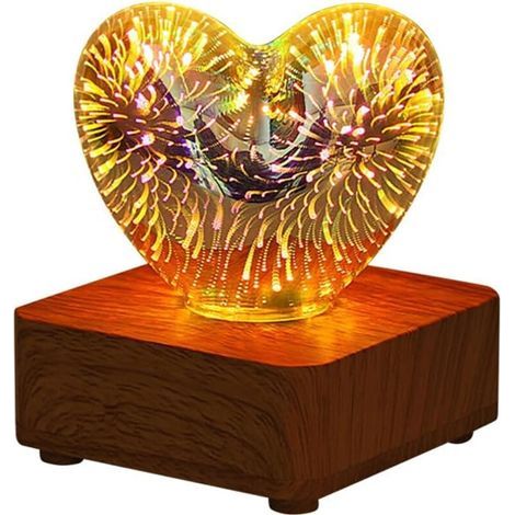 Feu d'Artifice 3D, Cœur d'Amour, Veilleuse, Lampe de Table en Verre, Lampe de Chevet Changement de 8 Couleurs pour Décoration Bureau Pièce, Salon, Décoration Maison