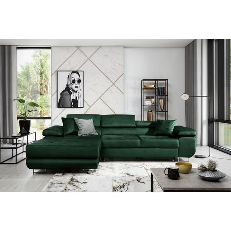 Canapé d'angle convertible ARMEL en tissu luxe 5 places, couleur vert foncé, avec coffre, angle gauche (vu de face) (1/5)