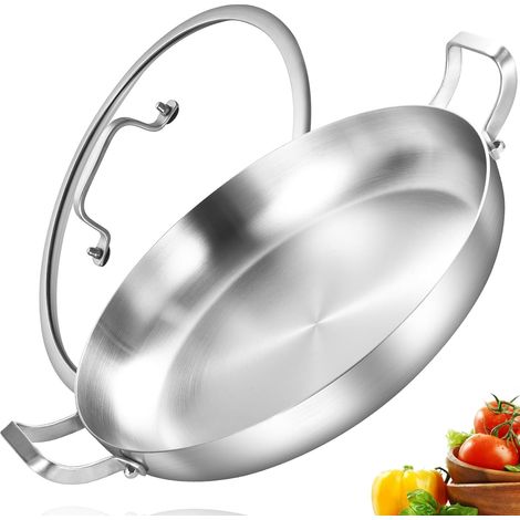 Paella Poêle avec couvercle, en acier inoxydable, non revêtue, compatible avec induction, passe au four, au lave-vaisselle (1/5)