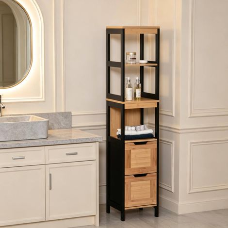 Meuble colonne salle de bain 30x30x144,3 cm en bambou noir, gain de place FloraGrace (1/5)
