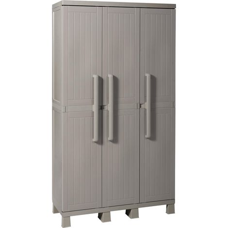 Toomax Armadio Wood Midi a 3 ante con 4 ripiani regolabili, 97x37x173h cm in plastica resistente effetto legno grigio tortora, con piedini e predisposizione per lucchetto, ideale per garage e cantine