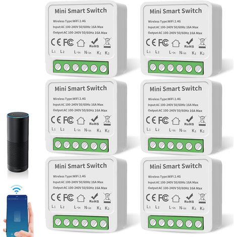 Lot de 6 modules de commutateur intelligent 1 voie, mini module de relais d'interrupteur DIY, interrupteur Smart Life, compatible avec Assistant et conducteur neutre requis (1/5)