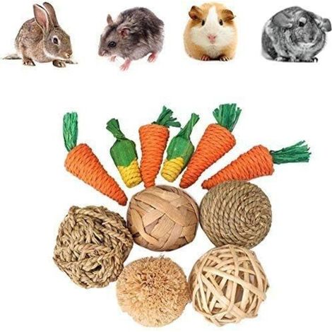 Jouets de cochon d'Inde, jouets de carotte à macher pour hamster, 11 pièces jouets de hamster pour les soins dentaires, jouets pour petits animaux, balle en rotin naturel, boule d'herbe à macher-Fei Y