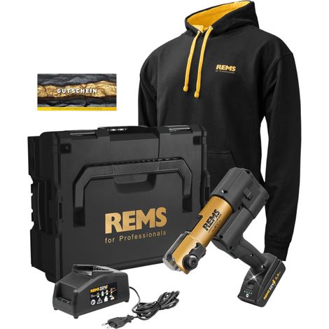REMS E 22 V ACC Gold Basic Pack Akku Radialpresse 22 V 32 kN ( 576X17 RG220 ) + 1x Akku 2,5 Ah + 1x Ladegerät + Hoodie + L-Boxx