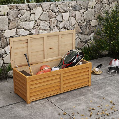 Coffre de rangement extérieur jardin 176L en bois avec poignée. dim. 130L x 50l x 45H cm