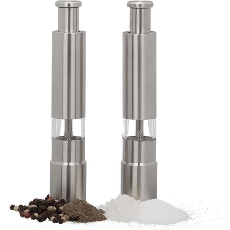 Salière, Poivrier, Lot de 2, manuel, Moulin à Sel, Poivre, Épices, inox Meule Céramique réglable, argenté, Acier inoxydable, 15 x 2,5 x 2,5 cm (1/4)