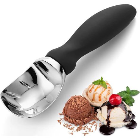 Cuchara para helado – Cuchara de acero inoxidable para helado – Para gelato, sorbetes, masa de galletas, melón y yogur helado (negra) (1/5)