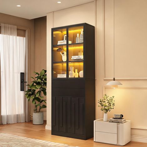 Meuble de rangement haut noir mat avec éclairage LED coloris noir (1/5)