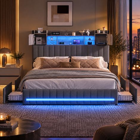 JOOKGBD–Letto a Contenitore 160x200 cm,Letto Matrimoniale Imbottito,4 Cassetti,Illuminazione LED,Porta USB,Testiera,Rete a Doghe,Letto per Adolescenti,Lino,Grigio (1/5)
