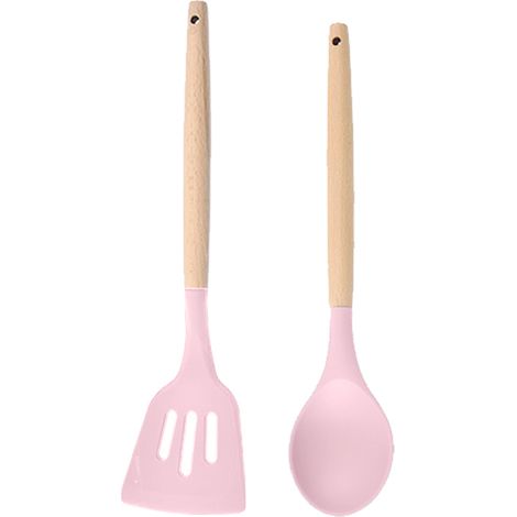 Ensemble de 2 ustensiles de cuisine : silicone et bois, faciles à nettoyer, pratiques pour la préparation culinaire au quotidien (1/5)