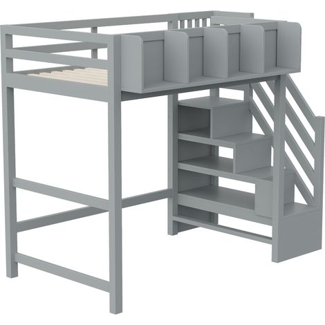 Letto a soppalco 90 x 200 cm grigio con sponde di sicurezza, ripiani, LED e scala, legno (1/5)