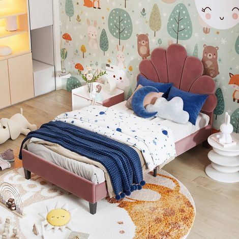 Letto per bambine 90x200 cm modello a conchiglia, struttura per letto singolo in velluto rosa cipria con rete a doghe, testiera imbottita, letto principessa robusto e facile da montare (1/5)