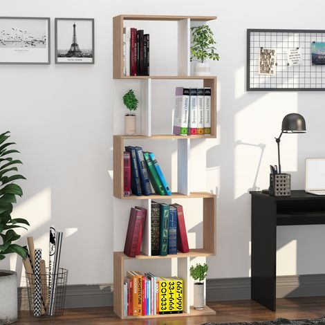 5-stöckiges Bücherregal, S-förmiges Aufbewahrungsmöbel mit Ablagen, Ablage für Wohnzimmer, Schlafzimmer, Büro, 60 x 24 x 184,5 cm, Eichenholz, weiß