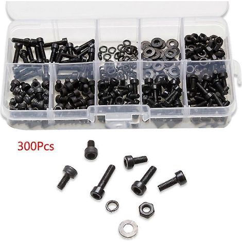 Kit de 300 pièces en métal noir comprenant vis à tête cylindrique creuse M3, vis à tête ronde et écrous. (1/5)
